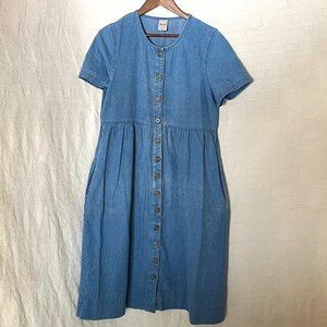 Cotton Denim Button-Front Midi Dress with Pockets, Size M